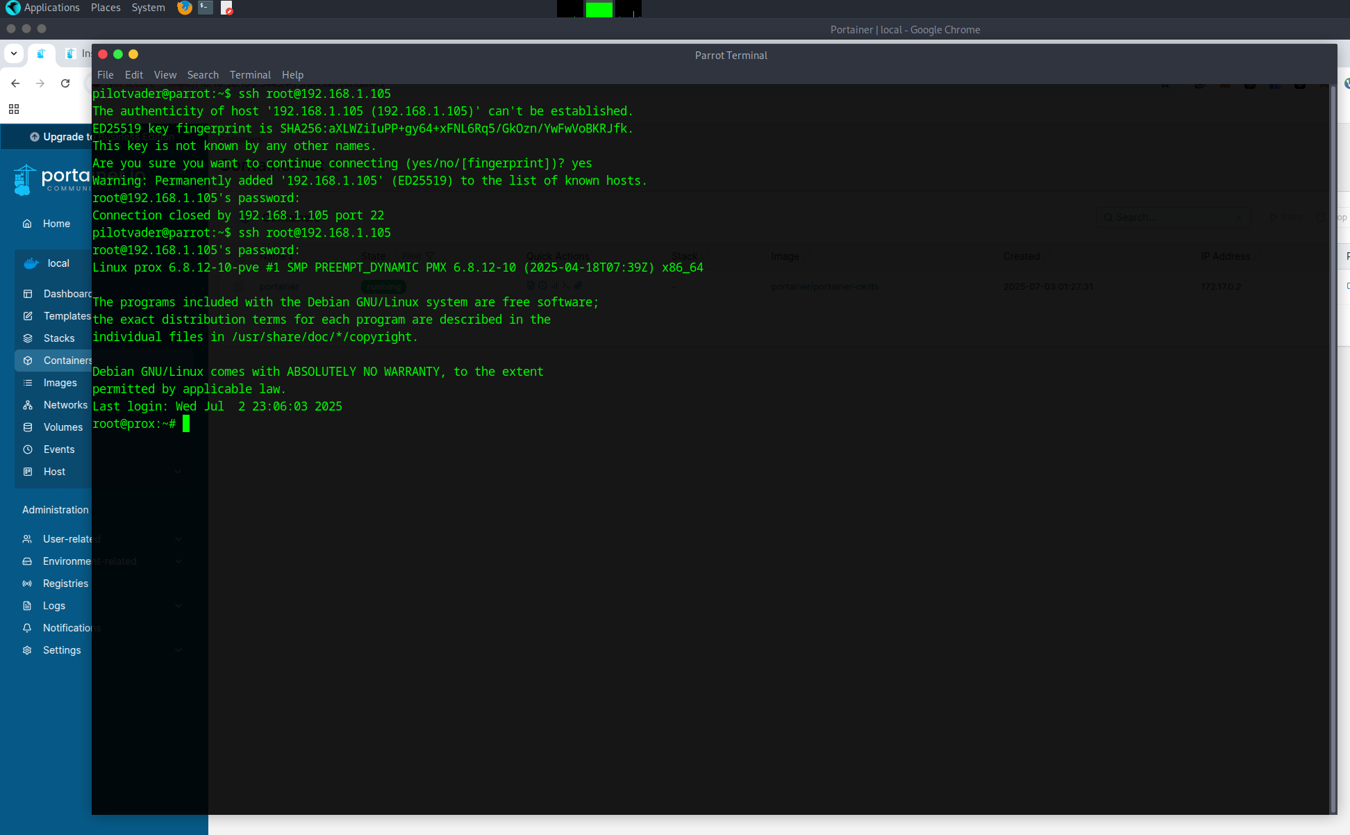 8 SSHed into my proxmox server from parrot OS